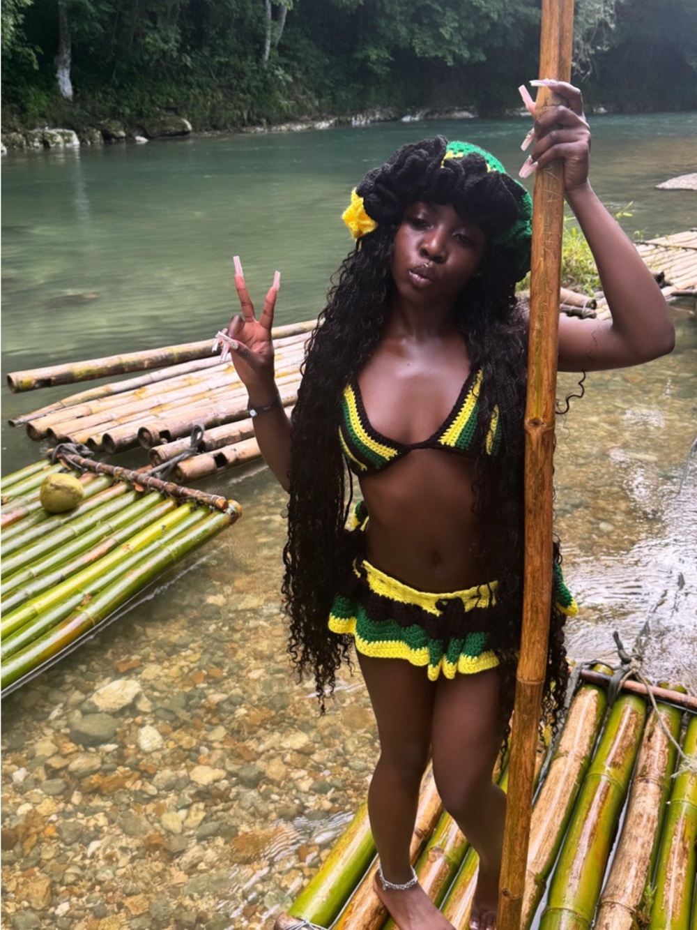 Crochet Triangle Bikini Set in Black, Green & Yellow